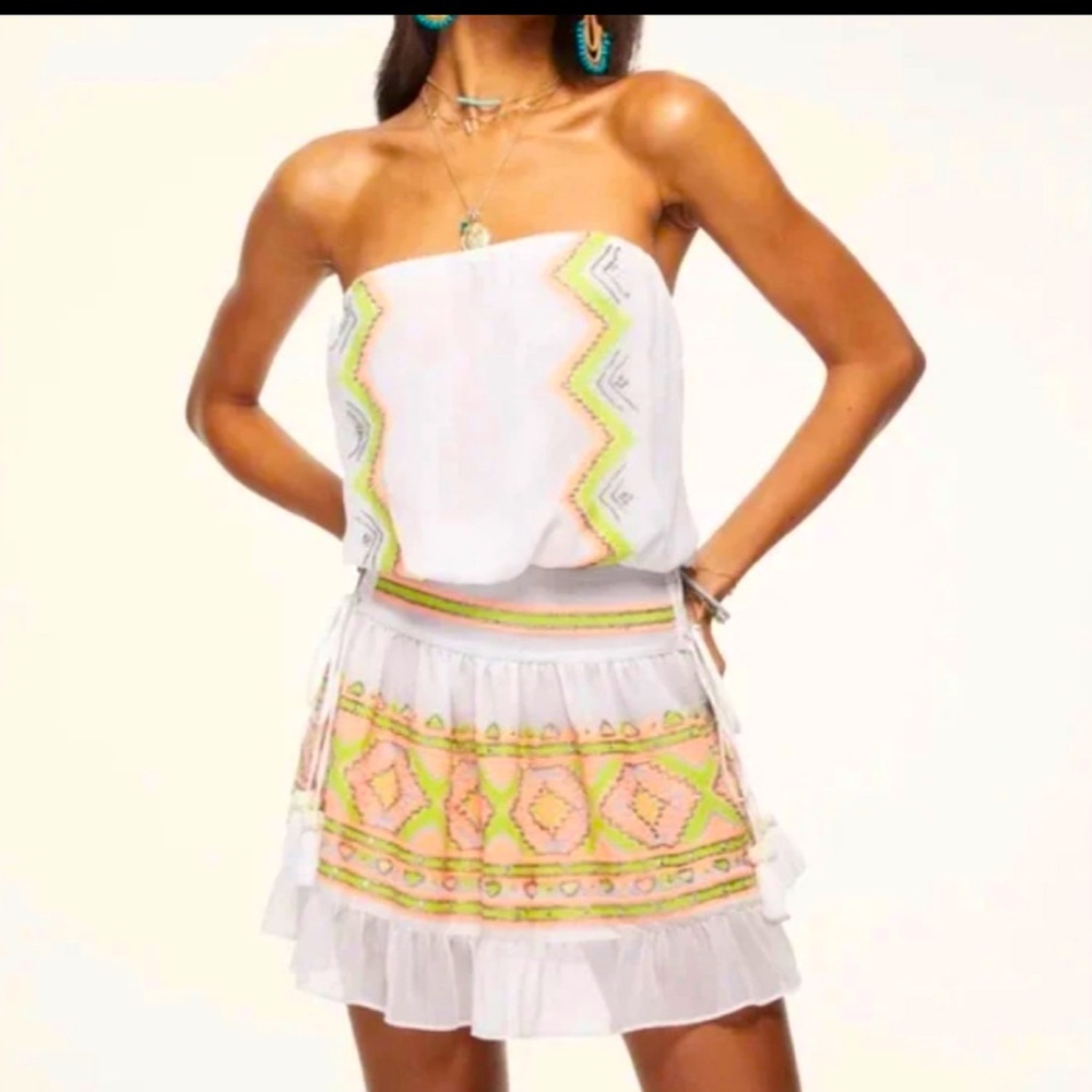 Ramy Brook White Strapless Mini Dress with Neon Yellow & Pink Embroidery